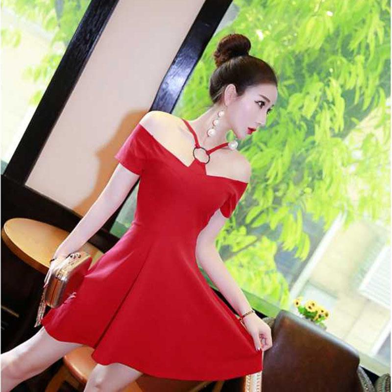 Summer Halter Strap Dress Slim Sexy Slash Neck Off Shoulder Dress Short Sleeve Dress
