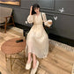 Spring Summer Women's Knee-length Dress French Gentle Wind V-neck Chiffon Solid Color Long-sleeved Dress