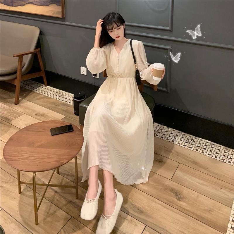 Spring Summer Women's Knee-length Dress French Gentle Wind V-neck Chiffon Solid Color Long-sleeved Dress