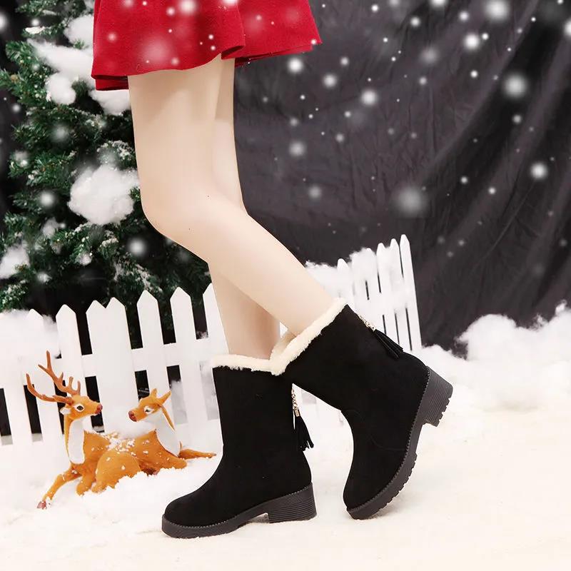 Snow Boots Women's Warm and Velvet Autumn and Winter Women's Short Boots Thick-soled Thick-heeled Fringed Mid-tube Boots
