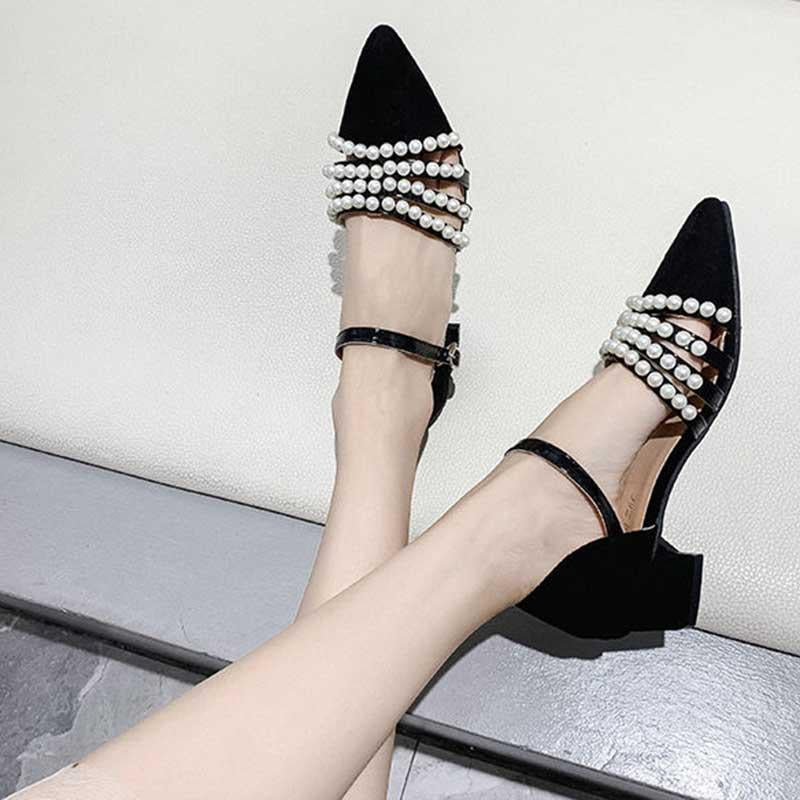 Plus Size 35-39 Summer Women Bohemian Prom High Heels Wear-resistant Non-slip Office Lady Sandals Pearl Shoes