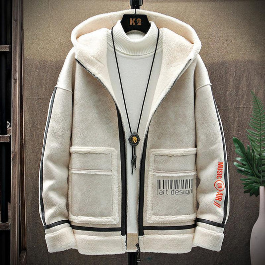 Men's Leather Velvet Jacket Trend In Autumn and Winter Plus Velvet Thick Lamb Velvet Jacket Warm Top