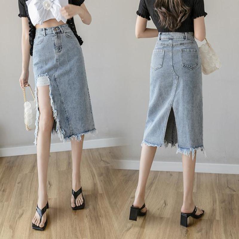 High-waist Denim Skirt Female Spring  Summer Looks Thin Split Split Hole Mid-length Hip Skirt  A-line Skirt