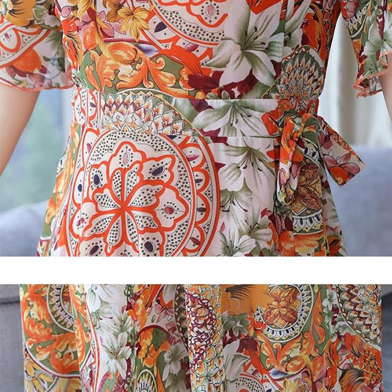 Dress Summer Women's Large Size Chiffon Waist Waist Was Thin Floral Long Skirt A-line Version Long Skirt Large Skirt Waist Waist Was Thin Beach Dress