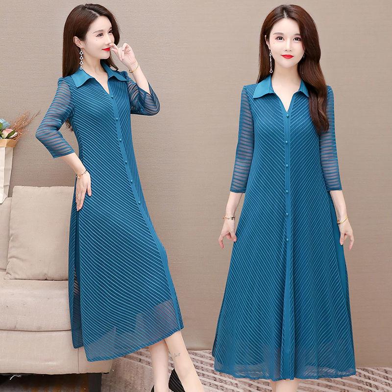 Summer Fashion Blue Plus Size Dress Vintage Print Mulberry Silk Midi Dress Elegant Women Bodycon Party Vestidos