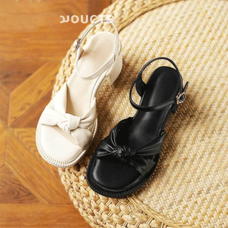 Solid Color Braided Sandals Women's All-match Fashion Thick Heel Soft Leather One-word Buckle Strap Fairy Style Women's Shoes with Skirts