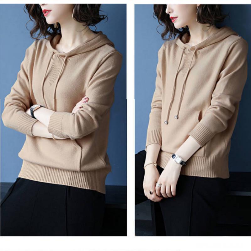 Spring Sweater Women Hooded Collar Pullover Solid Color Knitted Short Jacket Fashion Casual