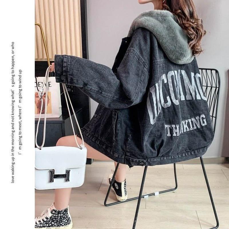 Loose Plus Fleece Denim Jacket Women Autumn and Winter Thick Hooded All-match Casual Cardigan