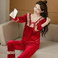 Women's Lace Bow Knot Gold Velvet Pajama Set V-Neck Solid Color Loose Comfortable Two-piece Set Out Wear Long Sleeves Nightgowns Sleeping Set