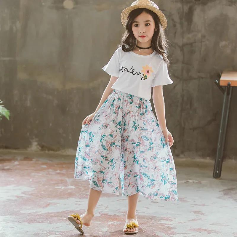 Girls Summer Dress Girls Skirt Pants Suit Medium and Large Children's Short-sleeved Wide-leg Pants Casual Two-piece Suit