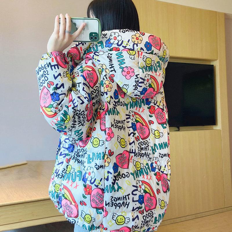 Women's Printed Short Down Jacket Winter Korean Style Loose Quilted Jacket Casual Stand-up Collar Hooded Padded Jacket Quilted Jacket