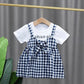 Children Dress Spring Summer Round Neck Kids Clothing Toddler Baby Girls Clothing Plaid Bow Pieated Short Sleeve Dress Girl