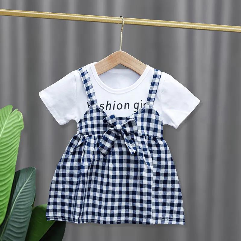 Children Dress Spring Summer Round Neck Kids Clothing Toddler Baby Girls Clothing Plaid Bow Pieated Short Sleeve Dress Girl