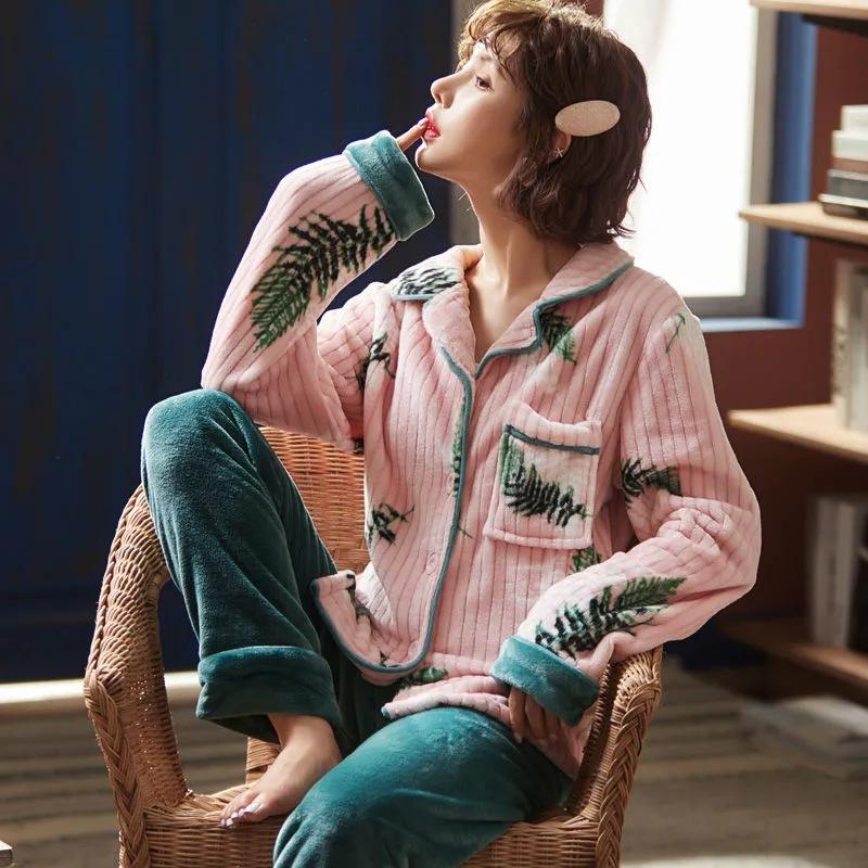 Coral Fleece Pajamas Women's Flannel Pyjamas Plus Size Velvet Thick Sleepwear Autumn Winter Warm Home Wear Suits Tops Pants Sets Long Sleeve Outwear