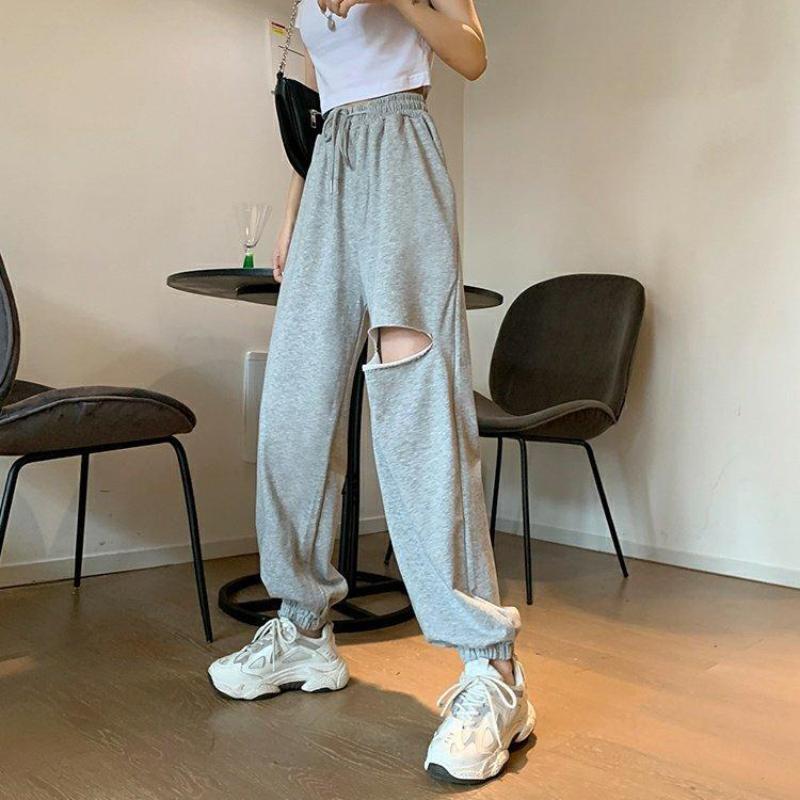 Women's Gray Sweatpants Loose Feet Summer Thin Casual Looking Thin All-match Purple Pants Hole Harem Sweatpants