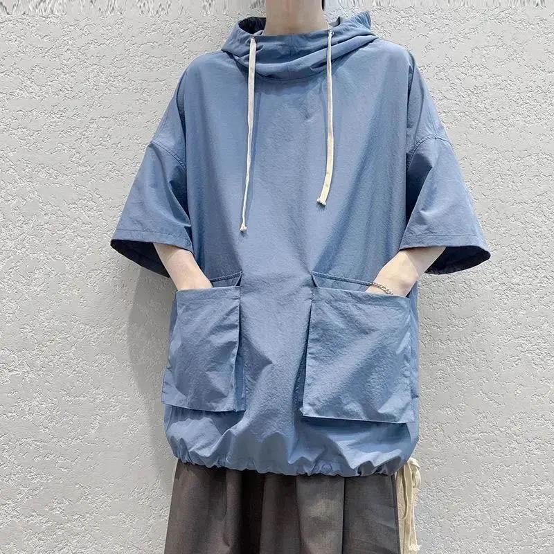 Summer and Autumn Hooded Short-sleeved T-shirt Men's Korean Version Half-sleeved Sweater Men's All-match Student Loose Hooded 5-point Sleeve Top