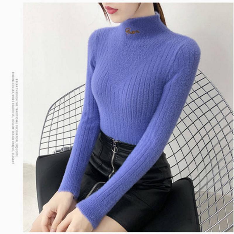 Pofulove Faux Mink Fleece Sweater Short-fitting Winter Jacket Half Turtleneck Bottoming Shirt