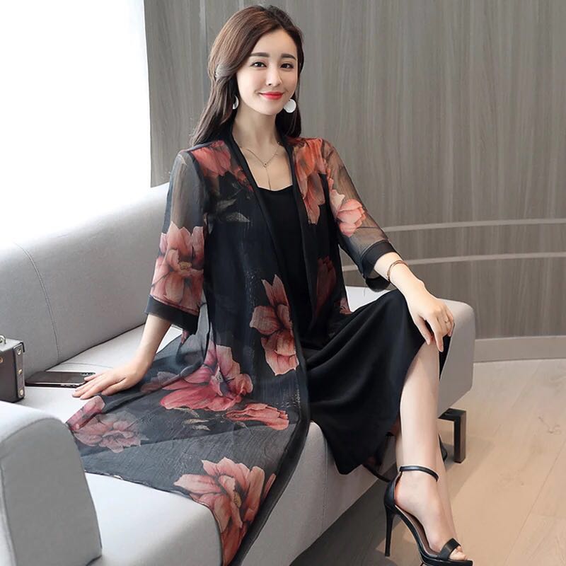 Chiffon Cardigan Mid-length Sun Protection Shirt Women Loose Thin Large Size Coat Shawl