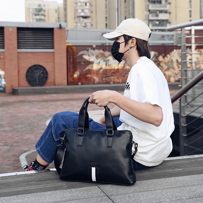 Business Briefcase Men Striped Large Capacity Leather Waterproof Handbag Crossbody Bags Shoulder Bag