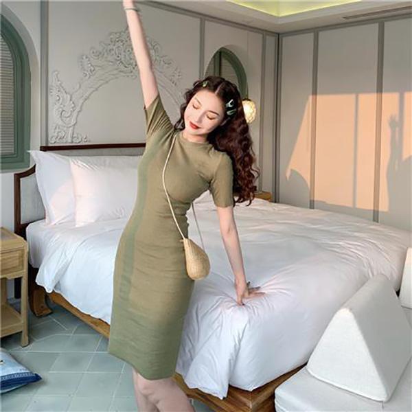 Ladies Sexy Short Sleeves Mid-lengthTight-fitting Stretch-wrapped Hip Skirt Waist Slim Dress