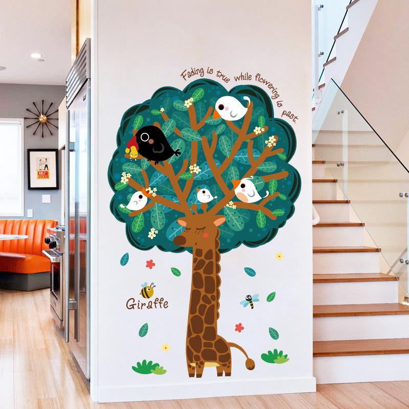 Big tree giraffe cartoon wall stickers room background decoration removable birds family stickers