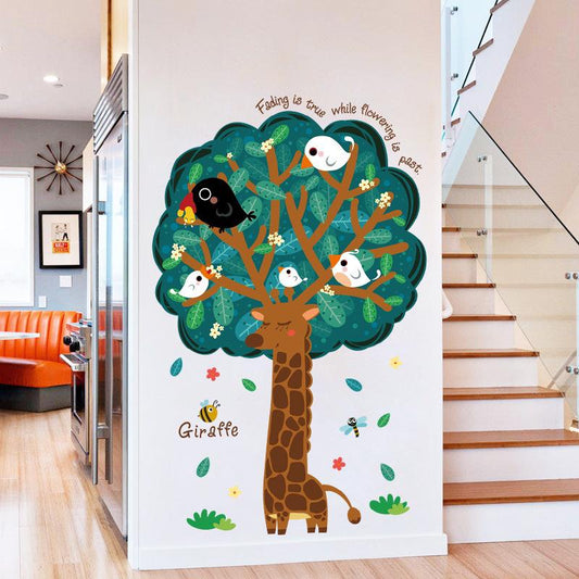 Big tree giraffe cartoon wall stickers room background decoration removable birds family stickers