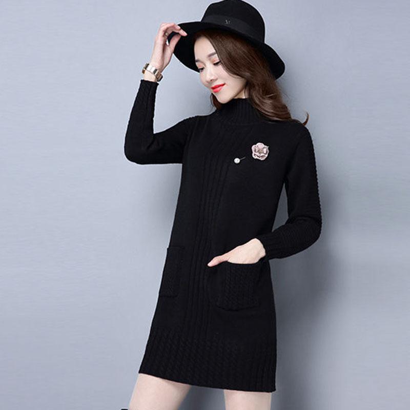 Mid-length Loose Dress In Autumn and Winter Casual Knitted Pullover Base Skirt Half-high Collar Thickened Female Sweater Dress