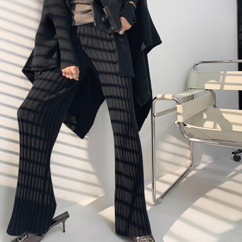 Casual Thick Knitted Women Pants Elastic High Waist Loose Female Wide Leg Pant Long Trousers 2022 Autumn Winter Striped Pantalon