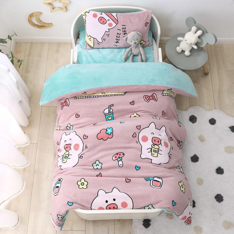 Children's Bed Three-piece Soft Skin-friendly Pillowcase Quilt Cover Sheet Milk Velvet Warm Bed Set Baby Bedding