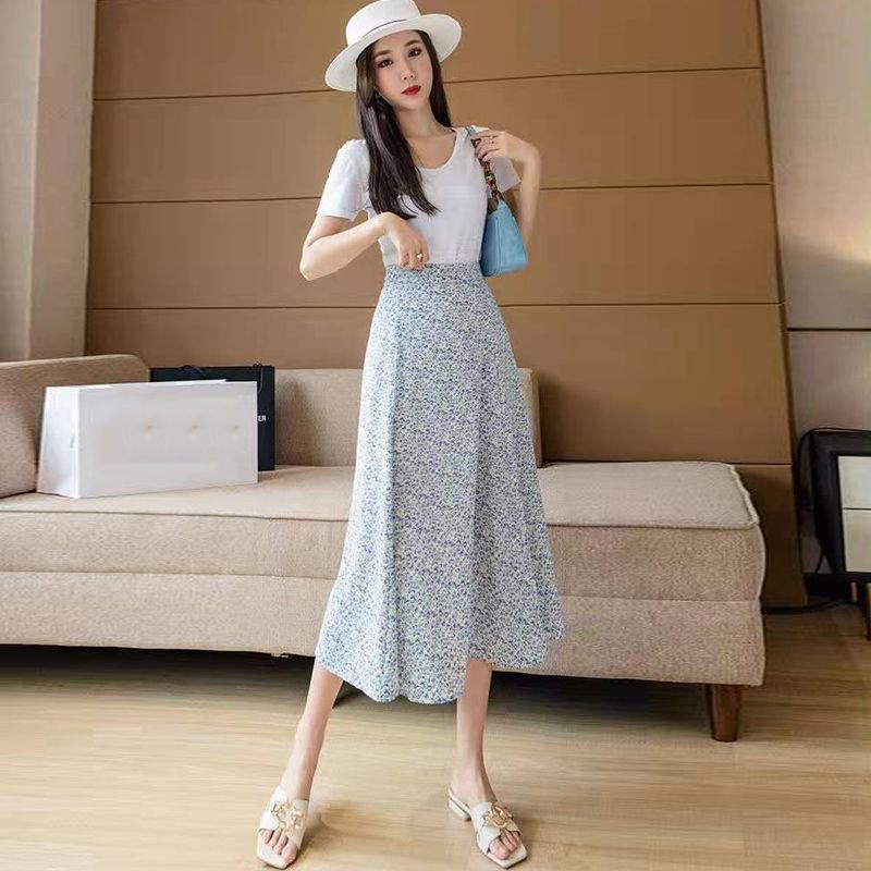 Women's Chiffon Floral Skirt Summer  High Waist Mid-length A-line Draping Fairy Dress