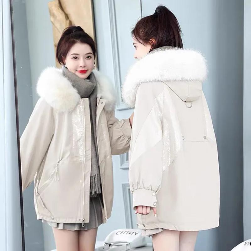 Women's Winter Plus Velvet Thickened Mid-length Coat Sequin Stitching Pie To Overcome Cotton-padded Clothes Wool-collar Loose Warm Jacket