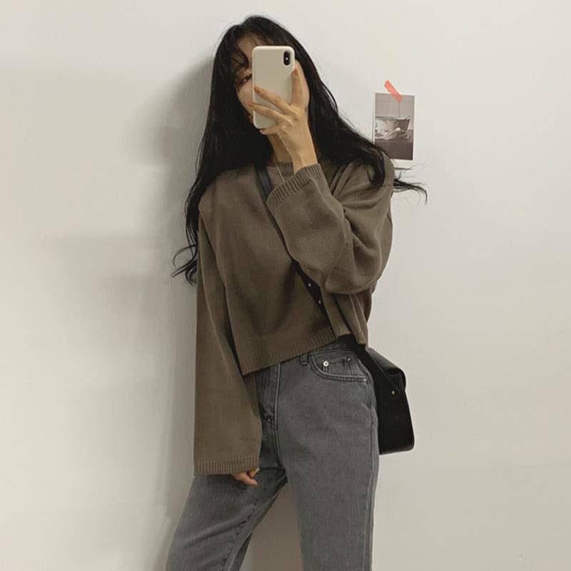 Pofulove Autumn Winter Wild Long-sleeved Pullover Sweater Female Students Short Loose Base Coat
