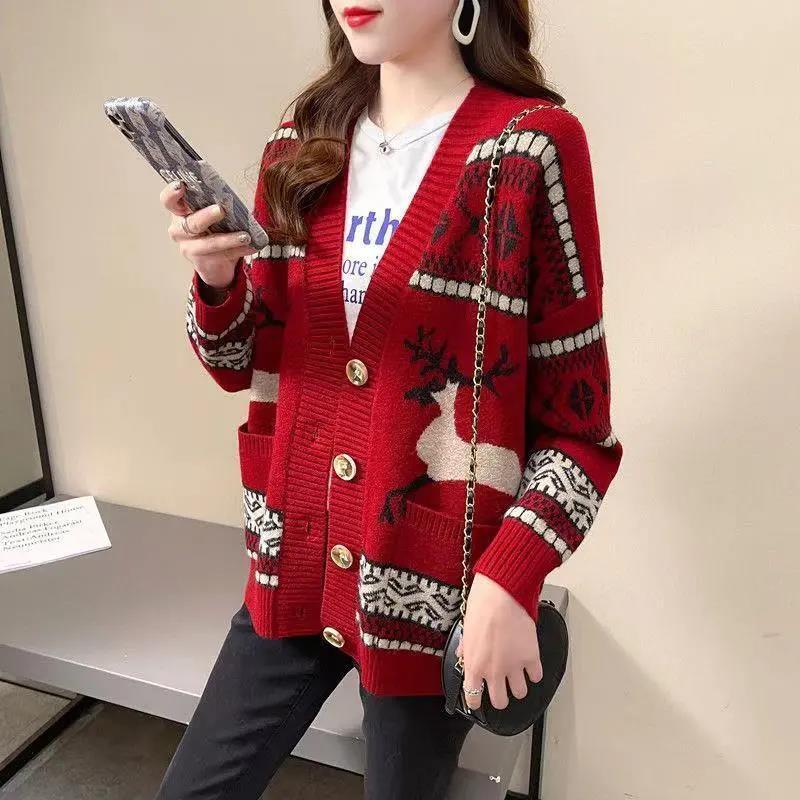Sweater Coat Women's Spring Retro Ethnic Style Fawn Loose and Lazy Style Knitted Cardigan