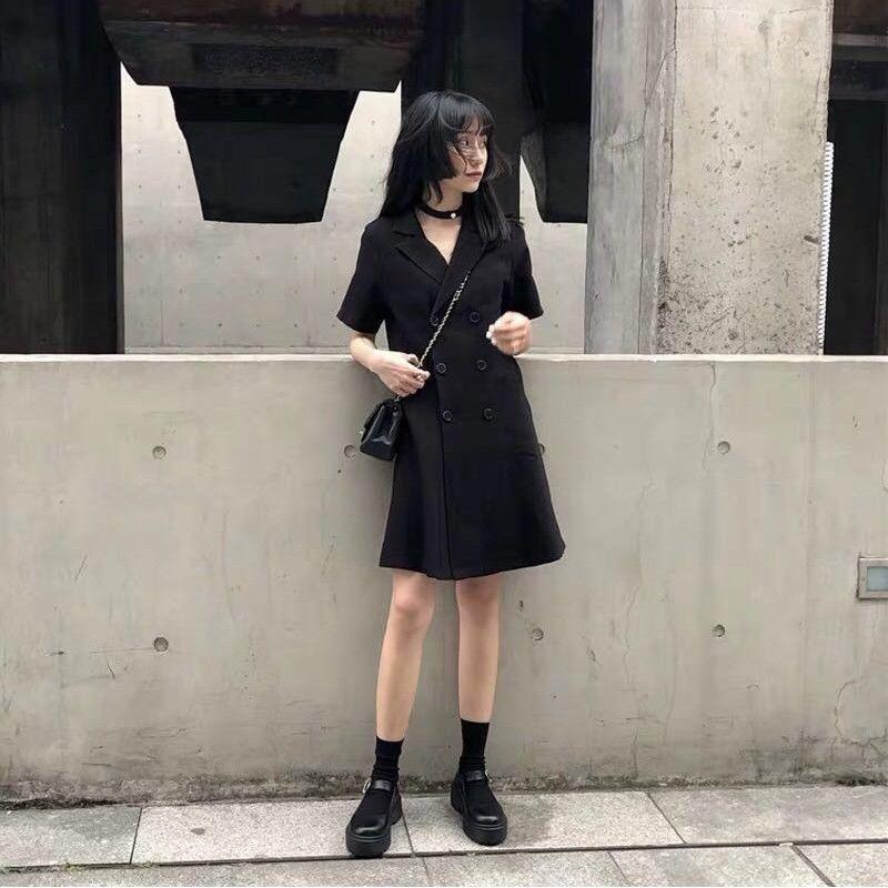 Black Dress Women's Cool Girl Summer Dress Short Sleeve Turn-down Collar Knee-length Daily Wear Office Dating Party