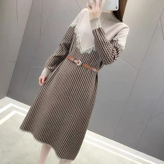 Long Sweater Dress Women Turtleneck Thickened Knee-length Lace Base Dress Temperament Knitted Dress