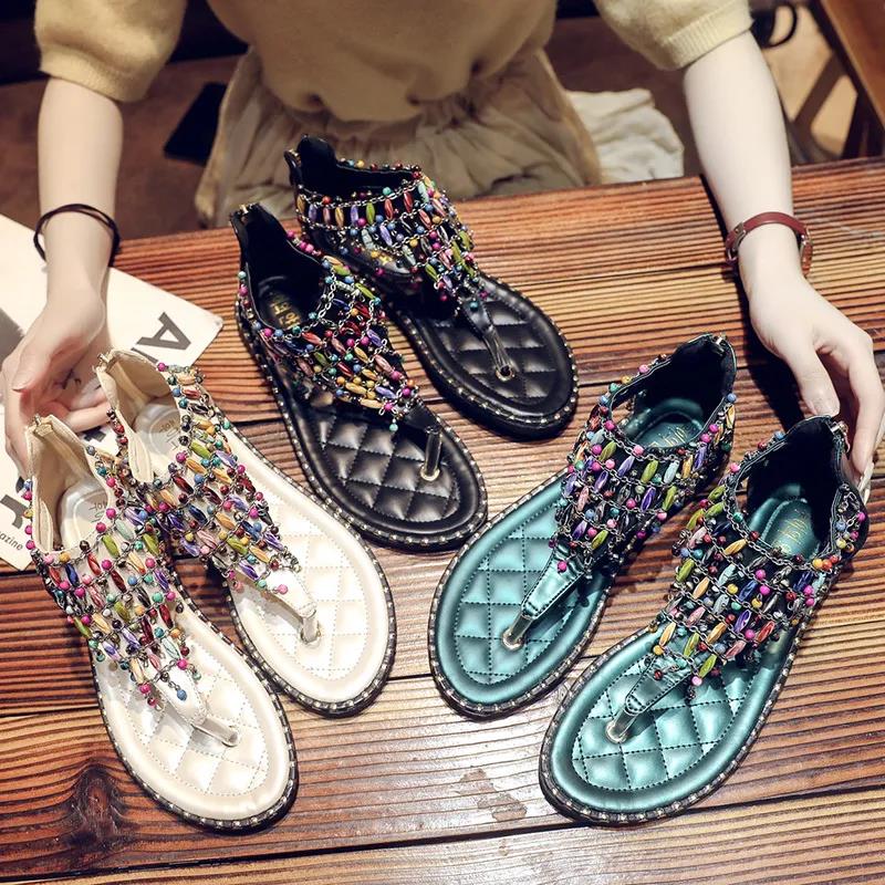 Flip-Flop Sandals Female Rhinestone Fairy Style Flat Student Flip-Flop Roman Bohemia Wild Summer