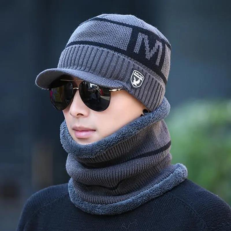 Winter Men's Hats and Collars Fashion Korean Letters Printed Knitted Hats Cold-proof Ear Protection Plus Fluffy Line Caps