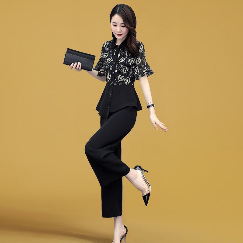 Suit Women's Temperament Is Thin Ladies Stand-up Collar Shirt Wide-leg Pants Two-piece Chiffon Suit Elegant Temperament Work Wearable