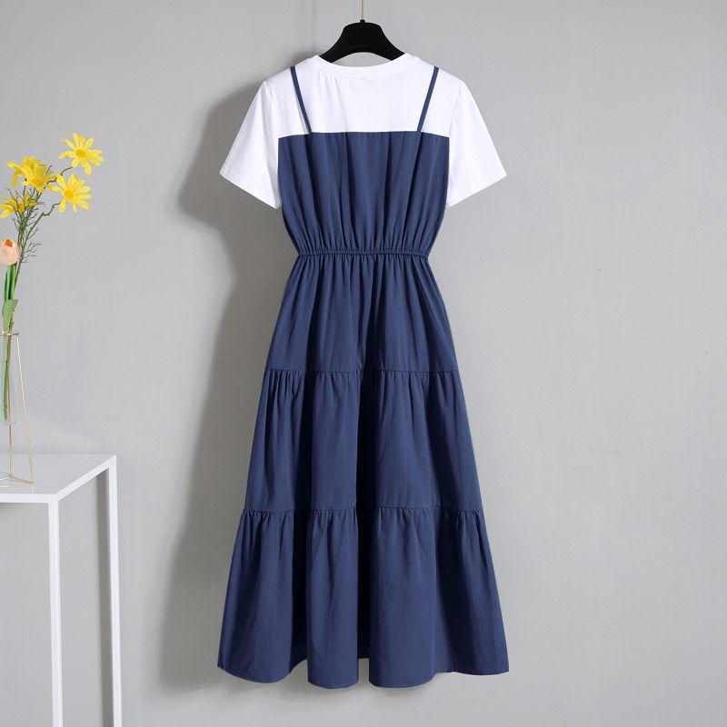 Plus Size Dress Women Summer A-line Long Dress Short-sleeve Pleated Dress