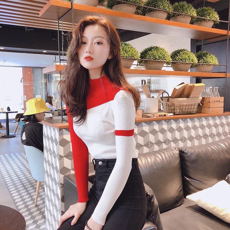 Spring and Autumn Tops Women's Long Sleeve Knit Sweater Slim Joker Top Color Matching Sweater