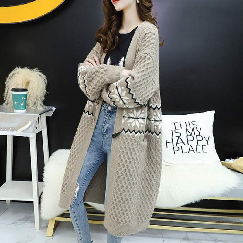 Autumn and Winter Leisure Wool Knit Sweater Loose Long Over The Knee Top Elegant Jacquard Pattern Sweater Coat