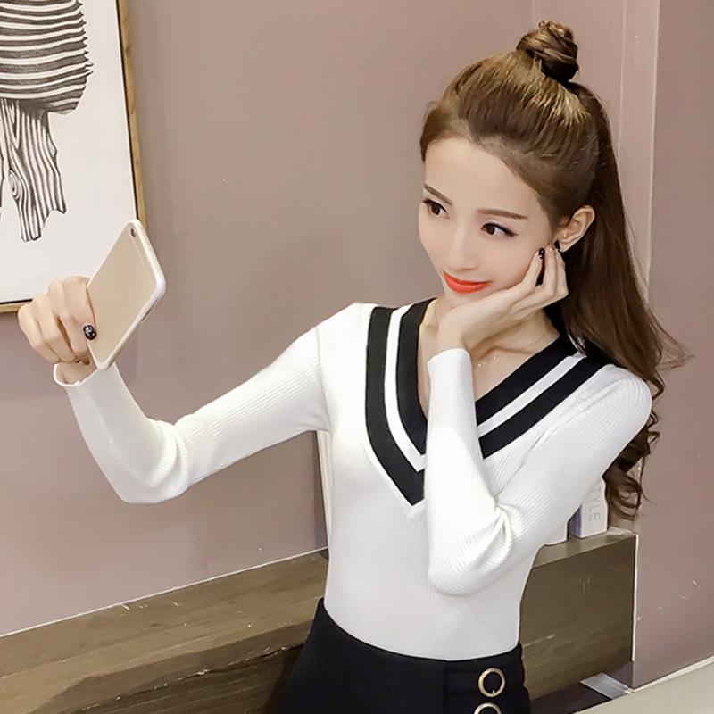 Autumn/winter Sweater Women Short Stitching V-neck Slim Slimming Long-sleeved Pullover Sweater Bottoming Shirt Women
