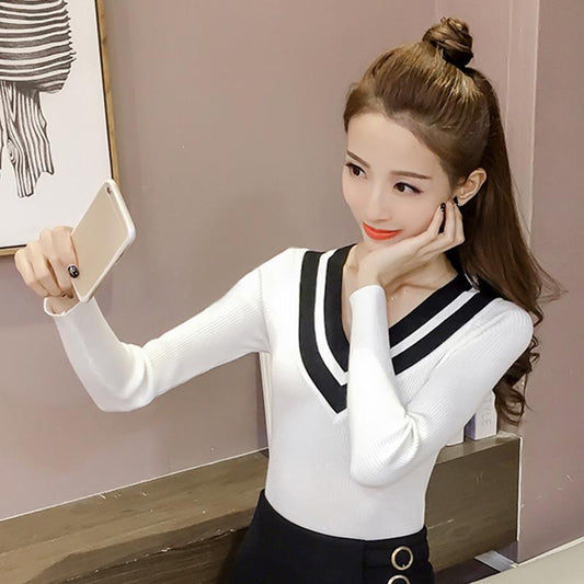 Autumn/winter Sweater Women Short Stitching V-neck Slim Slimming Long-sleeved Pullover Sweater Bottoming Shirt Women