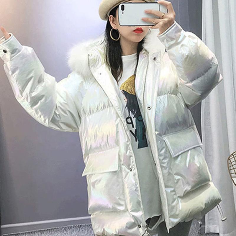 Women's Bright Face Hooded Down Jacket Mid-length Korean Loose Thick Coat Warm Cotton Coat Large Wool Collar Winter Quilted Coat