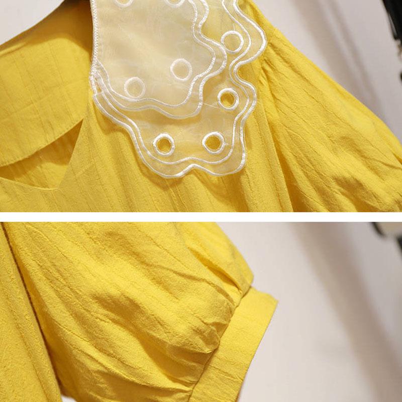 Pofulove Peter Pan collar short sleeve dress summer women Elegant Linen belted Pleated Ruffled dress