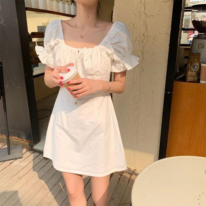 White Dress French Palace Style Retro Square Neck Puff Sleeve Holiday Skirt Women's Slim S-L Size