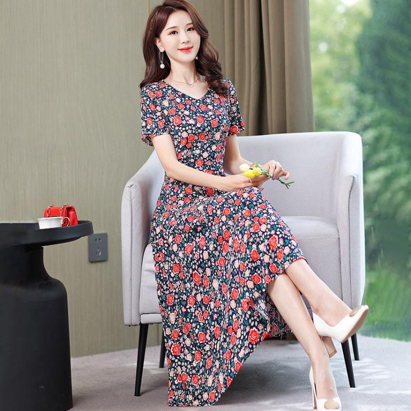 Women Elegant Floral Flower Pattern Dress Summer Casual V-neck Short Sleeve Ruffle Dress Boho Long Dresses Vestidos Femme