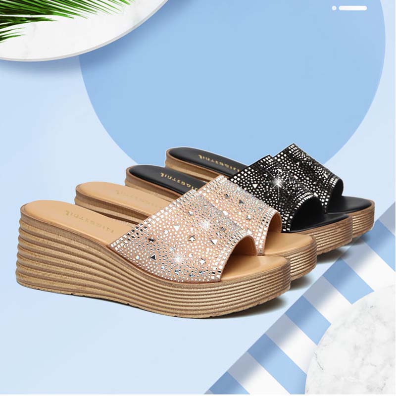 Women's Sandals and Slippers for Summer Wear Non-slip Fashion High-heeled Slope with Flip-flop Platform Rhinestone Slippers