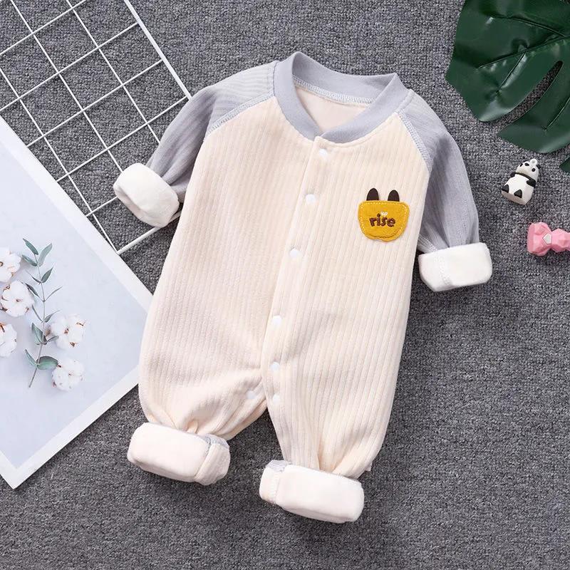 Autumn and Winter Baby Jumpsuit 0 To 6 Months Old Baby Khaki Clothes with Plush Thickened Climbing Clothes Warm Clothes for Newborn Children