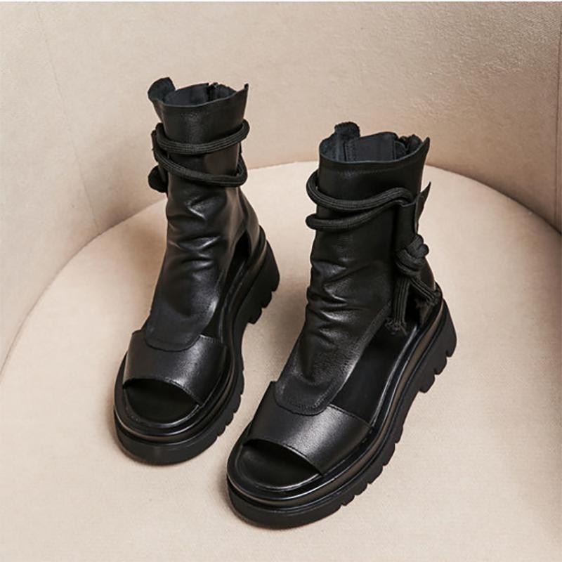 Women's Soft Leather Flat Sandals Platform Fish Mouth Sandals Mid-heel Casual High-top Roman Shoes